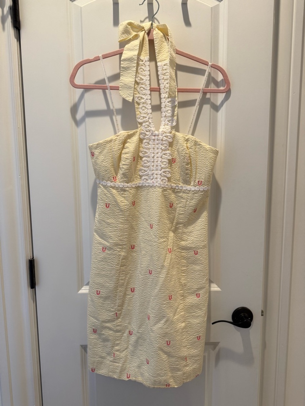 Lilly Pulitzer Yellow Seersucker Dress - White Lace Trim & Pink Horseshoes